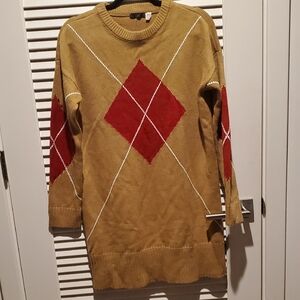 Argyle Sweater Dress with Red Diamond Pattern